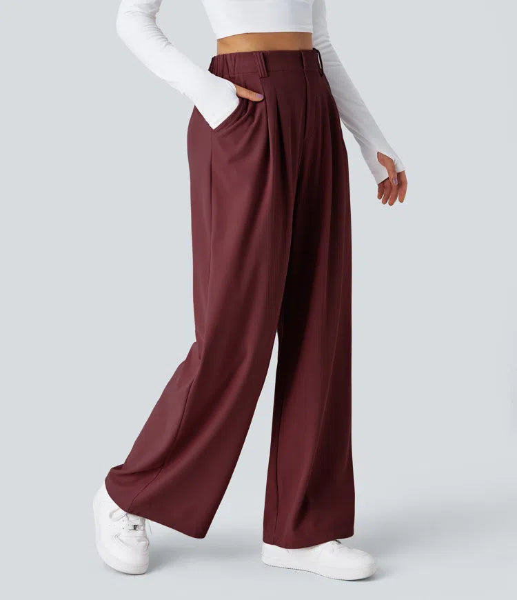 Pantalon Tailleur Large Fluide Gaufré Taille Haute Poches Latérales