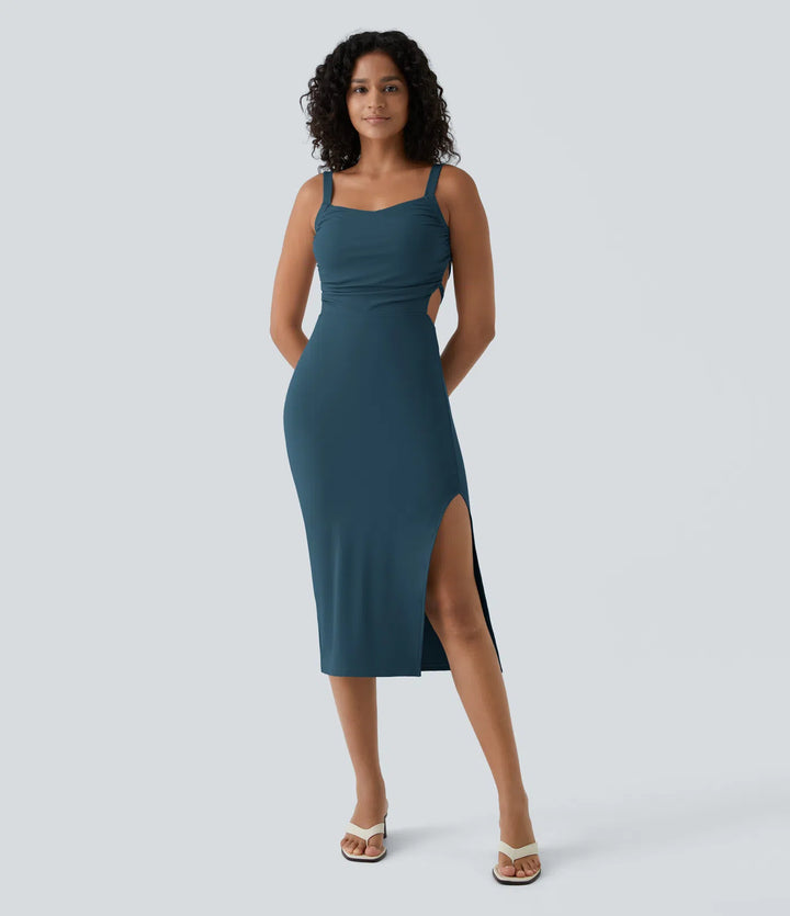 Robe midi casual laquée fendue, brassière intégrée, dos nu croisé