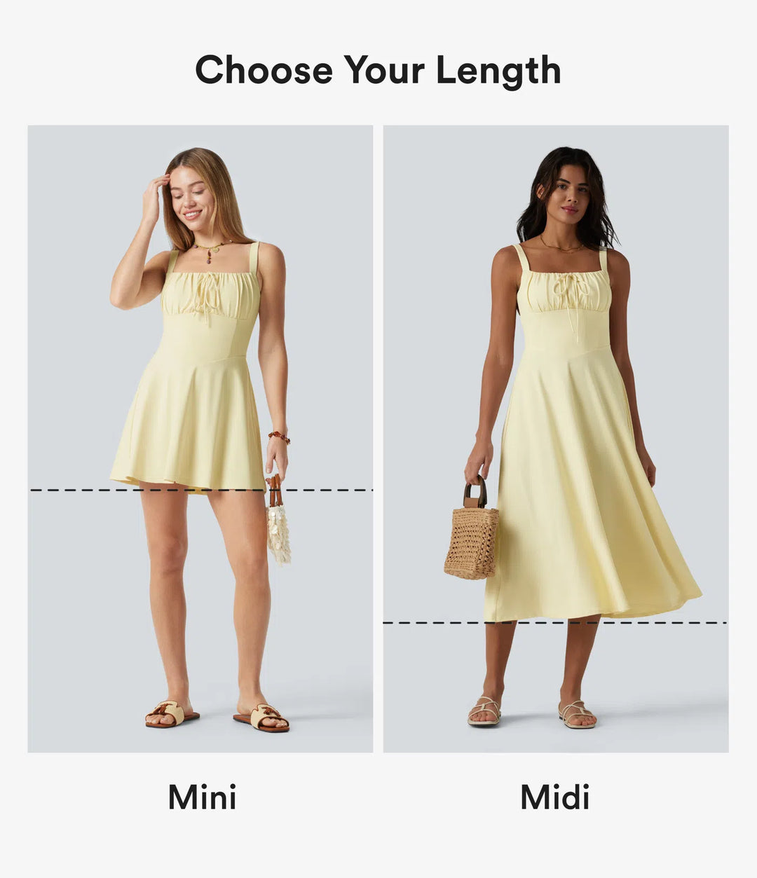 Robe fluide midi de villégiature sans manches, encolure carrée, dos nu croisé, fronces et soutien-gorge intégré