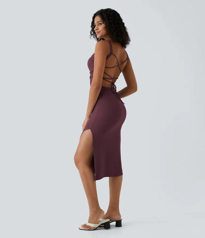 Robe midi casual laquée fendue, brassière intégrée, dos nu croisé