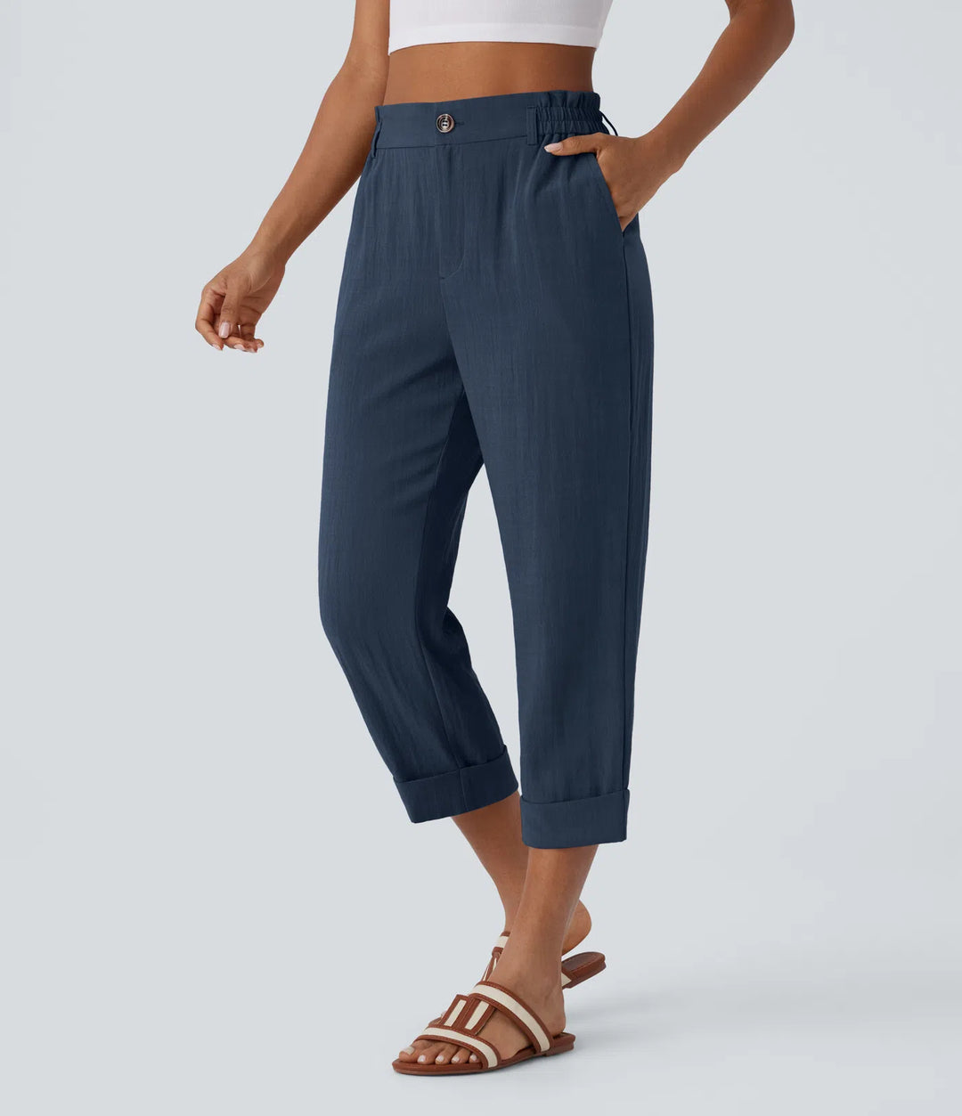 Pantalon capri effet lin taille haute avec poches zippées