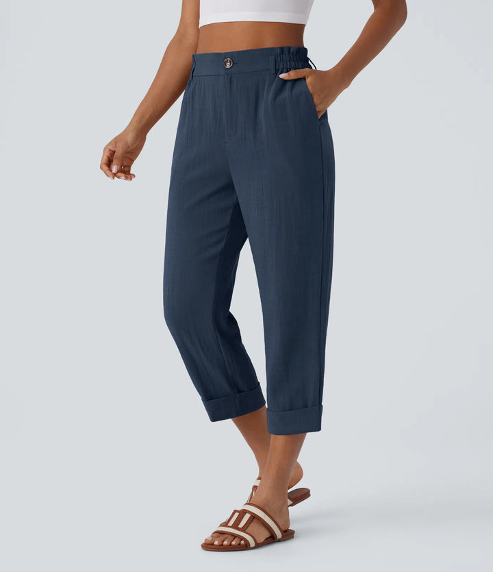 Pantalon capri effet lin taille haute avec poches zippées