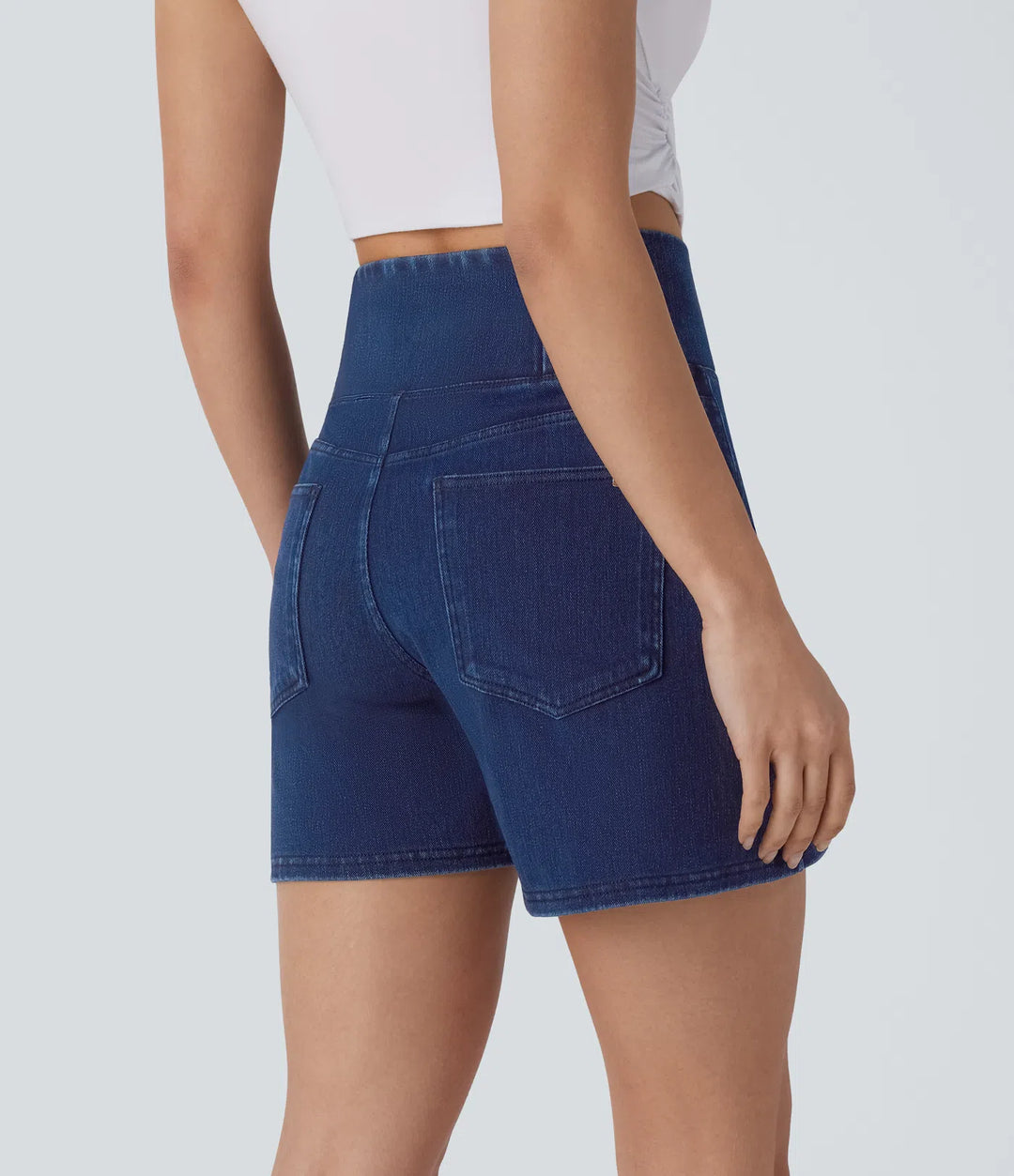 Jean & Marie Short décontracté évasé à jambe large en denim extensible délavé taille haute croisée avec poches multiples