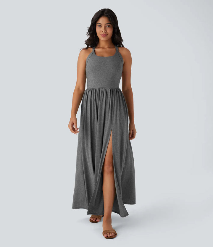 Robe longue fluide fendue avec poches latérales, dos nu et effet torsadé