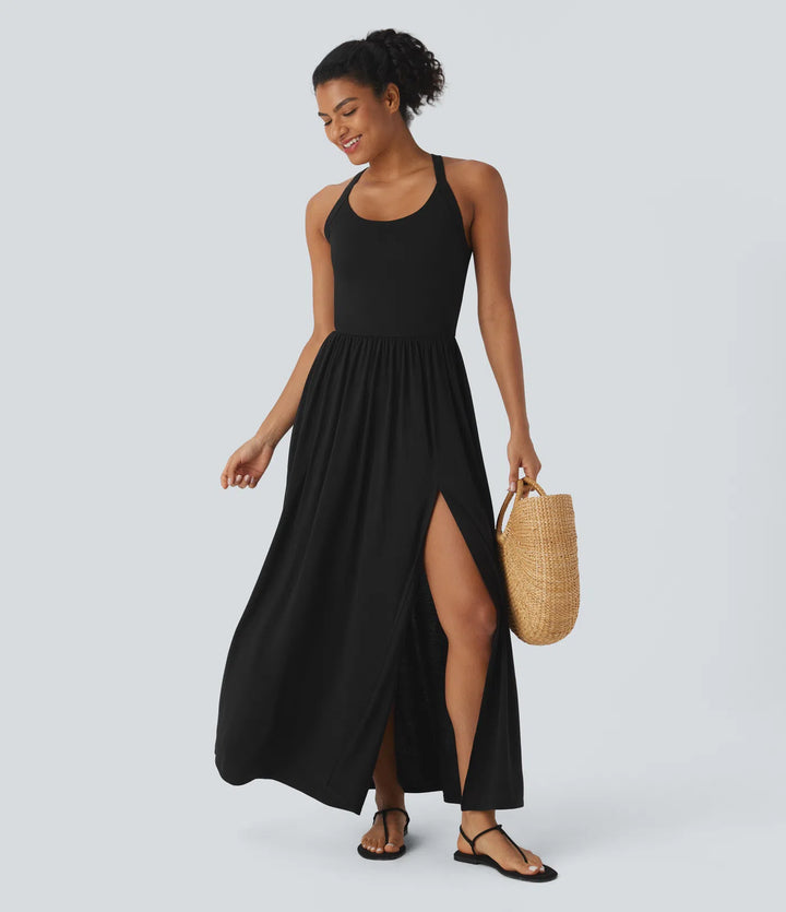 Robe longue fluide fendue avec poches latérales, dos nu et effet torsadé