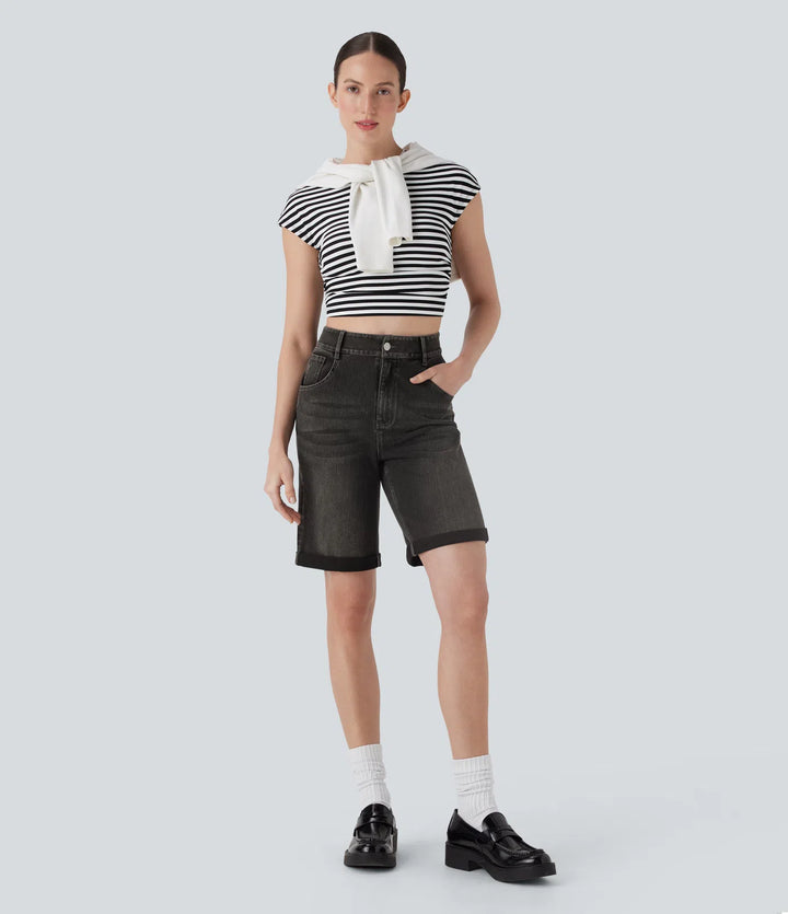 Bermuda décontracté en jean extensible délavé Halara Flex™ taille haute avec revers et multiples poches