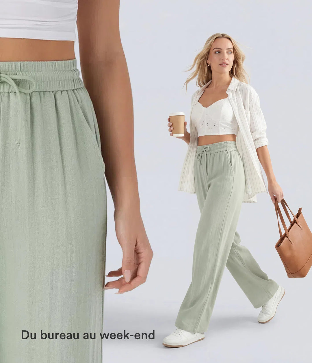 Pantalon large fluide taille haute avec cordon de serrage, poches latérales et aspect lin