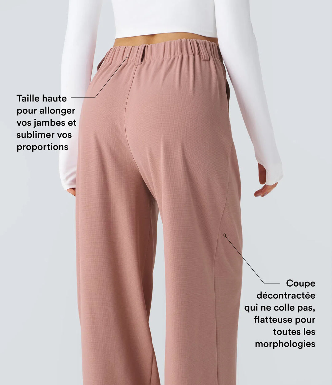Pantalon fluide à taille haute et jambes larges, en tissu gaufré, avec poches latérales