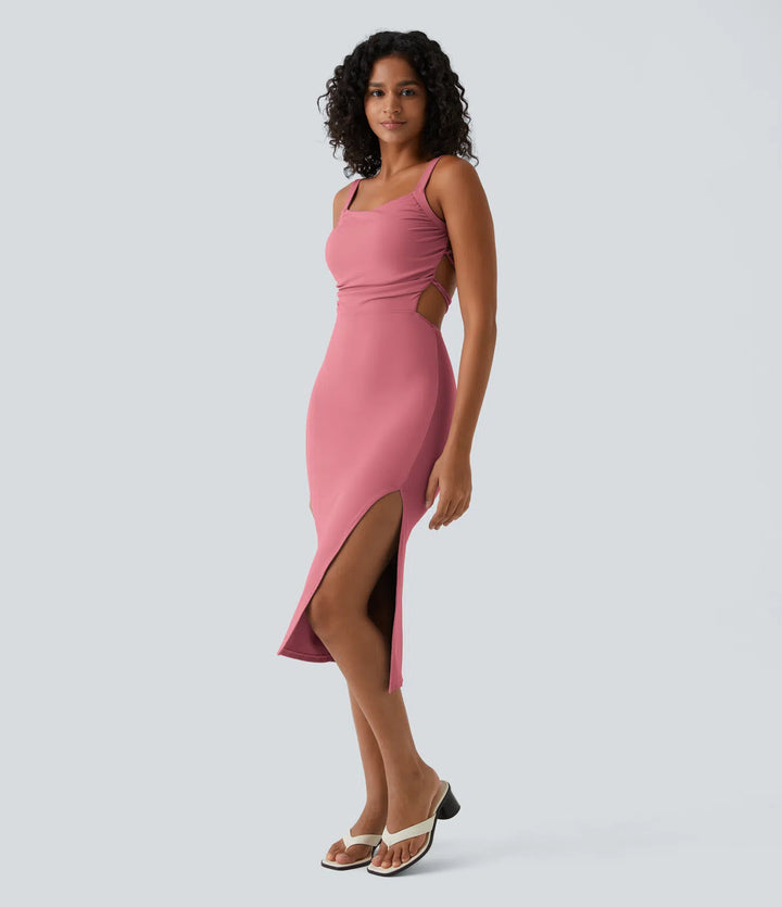 Robe midi casual laquée fendue, brassière intégrée, dos nu croisé