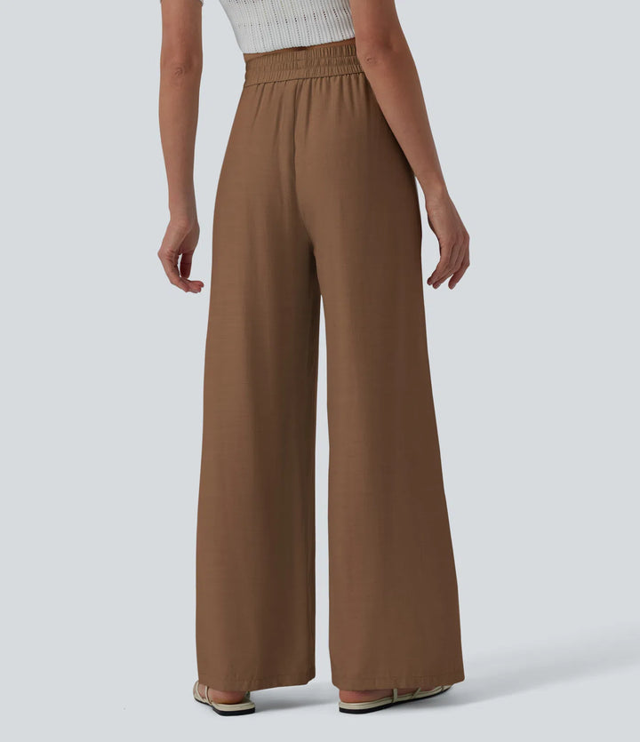 Pantalon casual large mélange lin taille haute avec cordon de serrage et poches