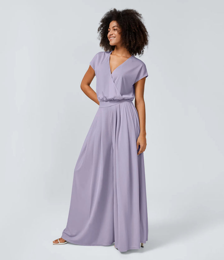 Combinaison Casual Col en V Jambes Large Plissée Manches Courtes Poche Latérale Gaufrée Fluide