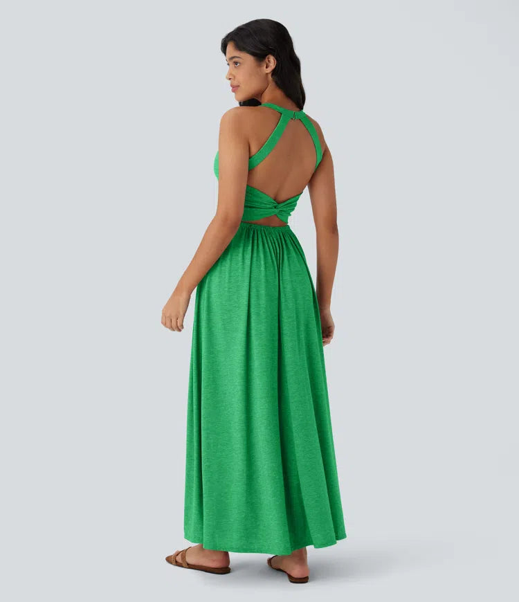 Robe longue fluide fendue avec poches latérales, dos nu et effet torsadé