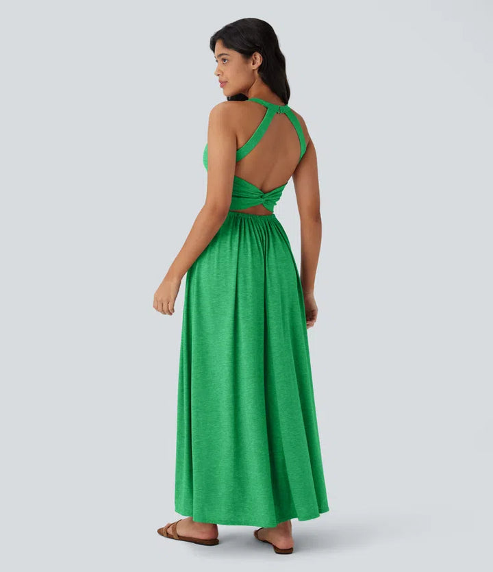 Robe longue fluide fendue avec poches latérales, dos nu et effet torsadé