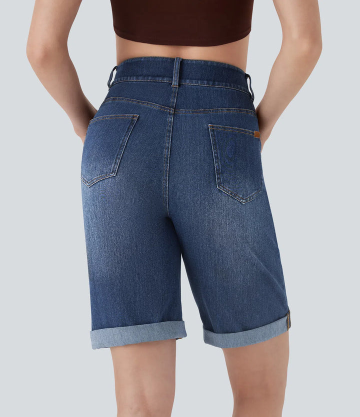 Bermuda décontracté en jean extensible délavé Halara Flex™ taille haute avec revers et multiples poches