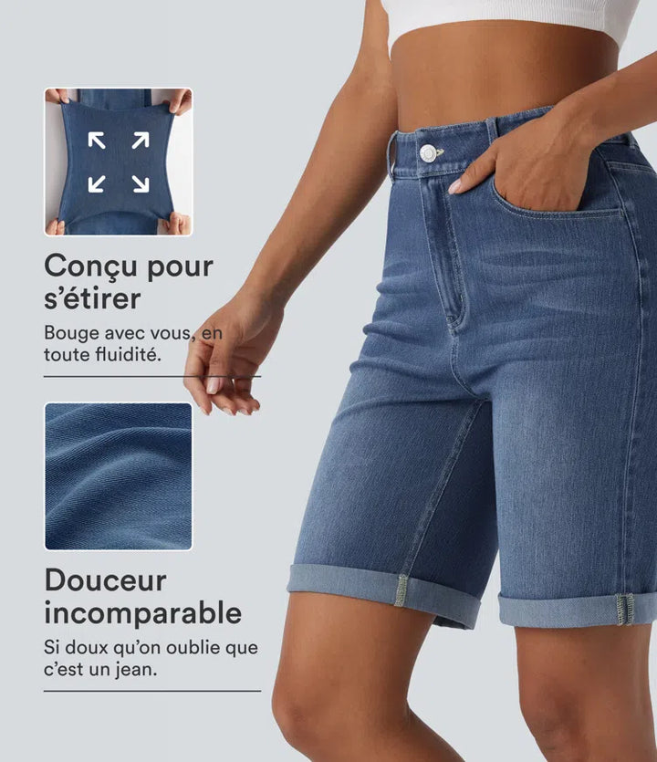 Bermuda décontracté en jean extensible délavé Halara Flex™ taille haute avec revers et multiples poches