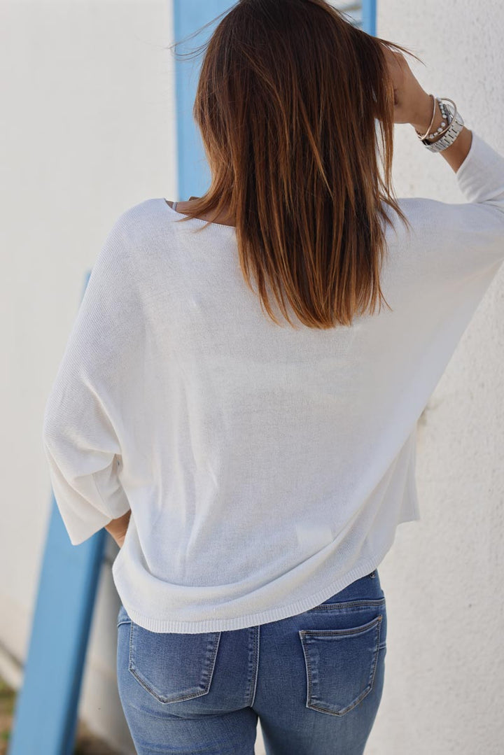 Top blanc cassé jersey manches chauve souris