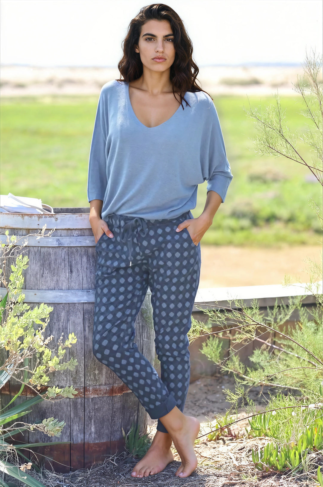 Top bleu jean jersey manches chauve souris