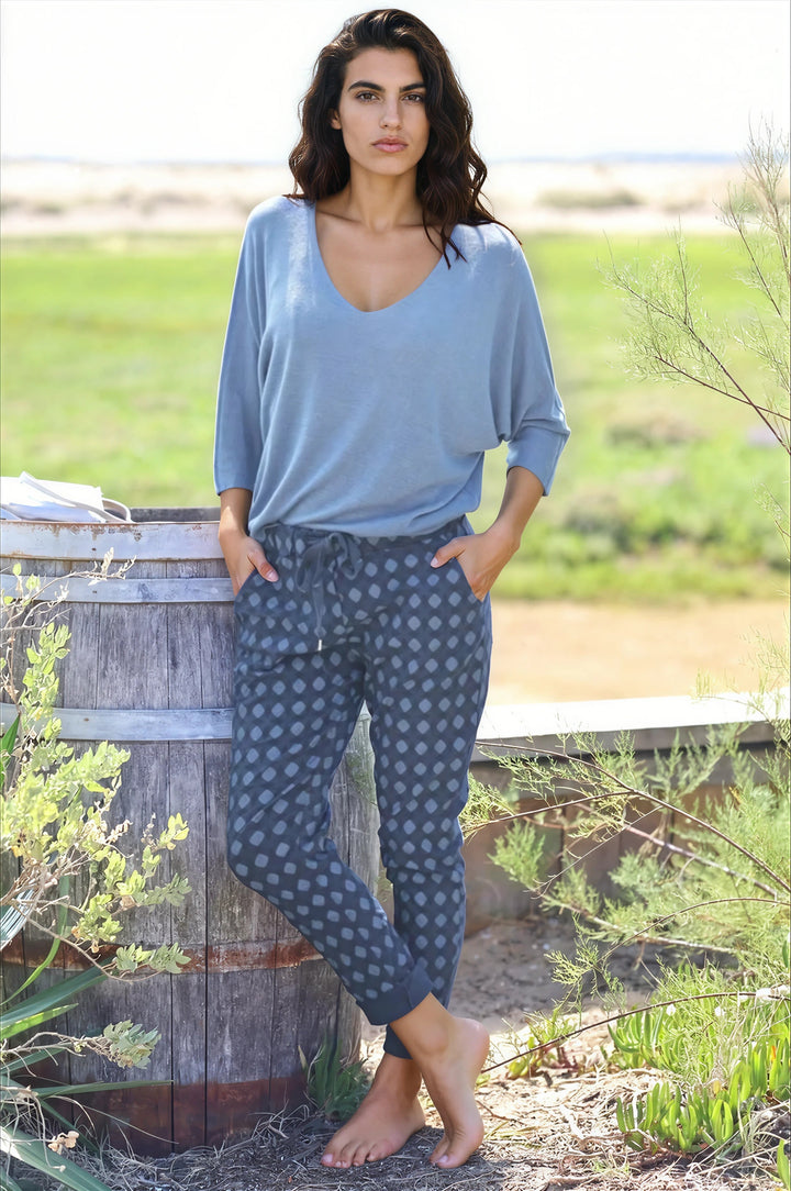 Top bleu jean jersey manches chauve souris