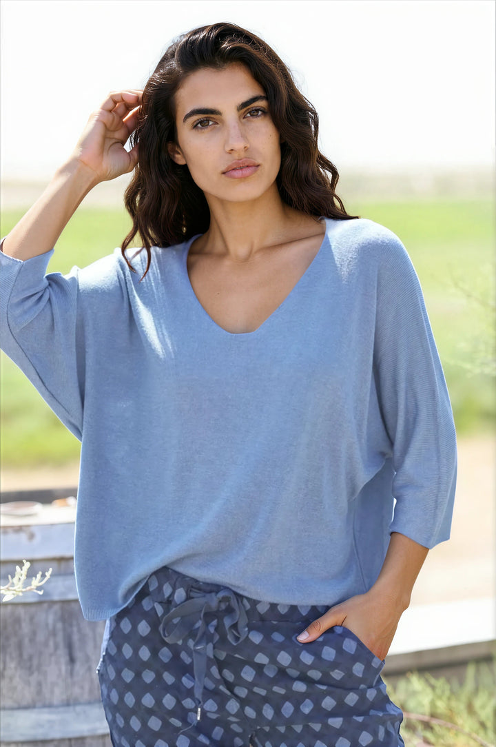 Top bleu jean jersey manches chauve souris