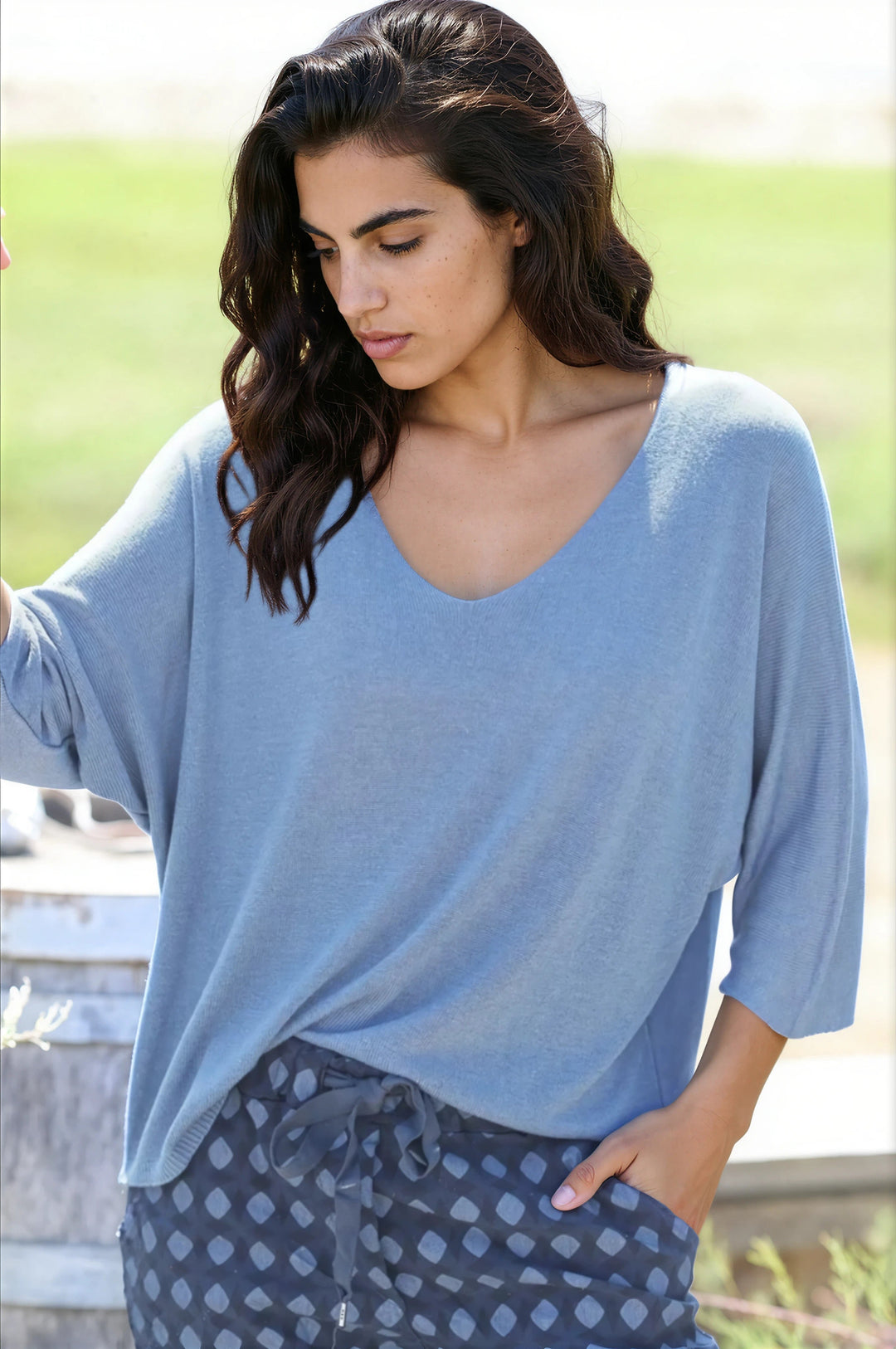 Top bleu jean jersey manches chauve souris