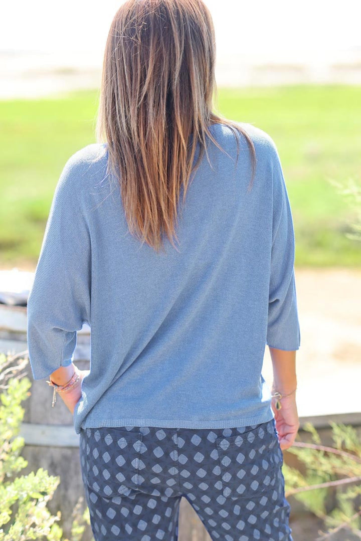 Top bleu jean jersey manches chauve souris