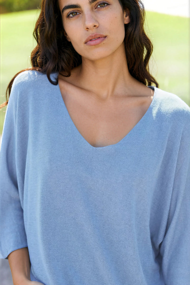 Top bleu jean jersey manches chauve souris
