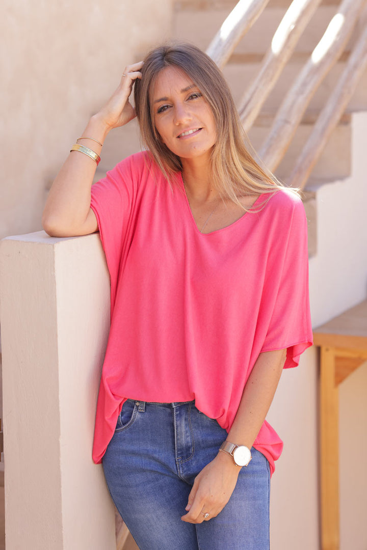 Top framboise fluide confort et stretch col v