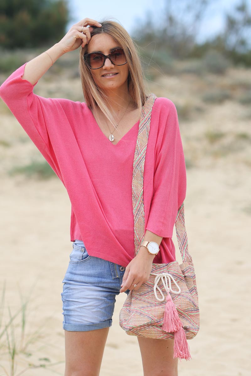 Top fushia jersey manches chauve souris