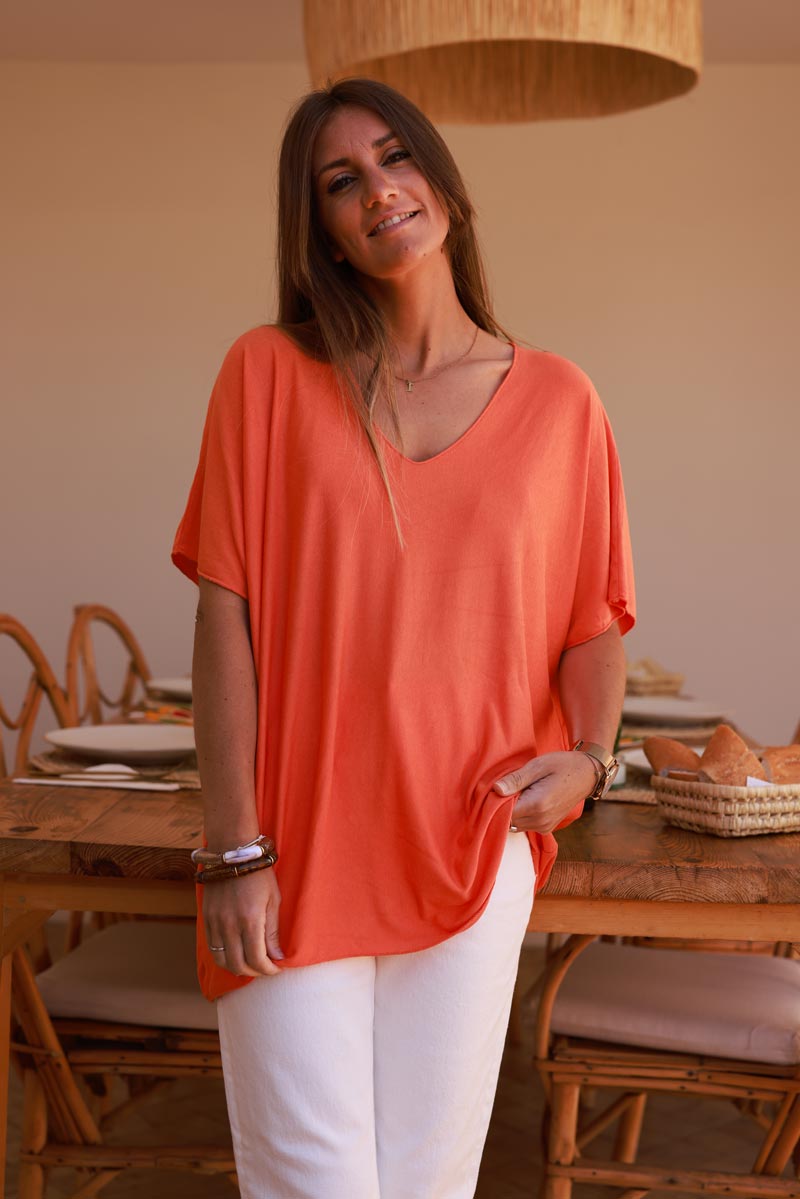 Top orange fluide confort et stretch col v