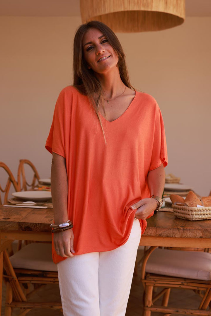 Top orange fluide confort et stretch col v