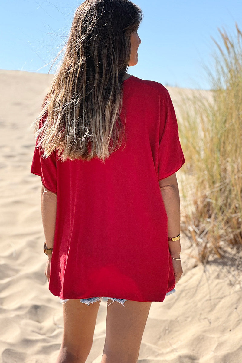 Top rouge fluide confort et stretch col v
