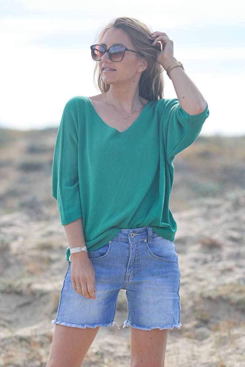 Top vert jersey manches chauve souris