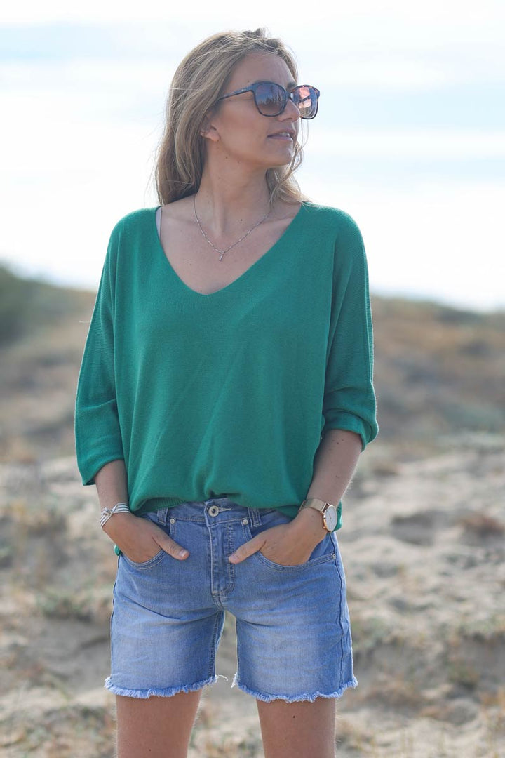 Top vert jersey manches chauve souris