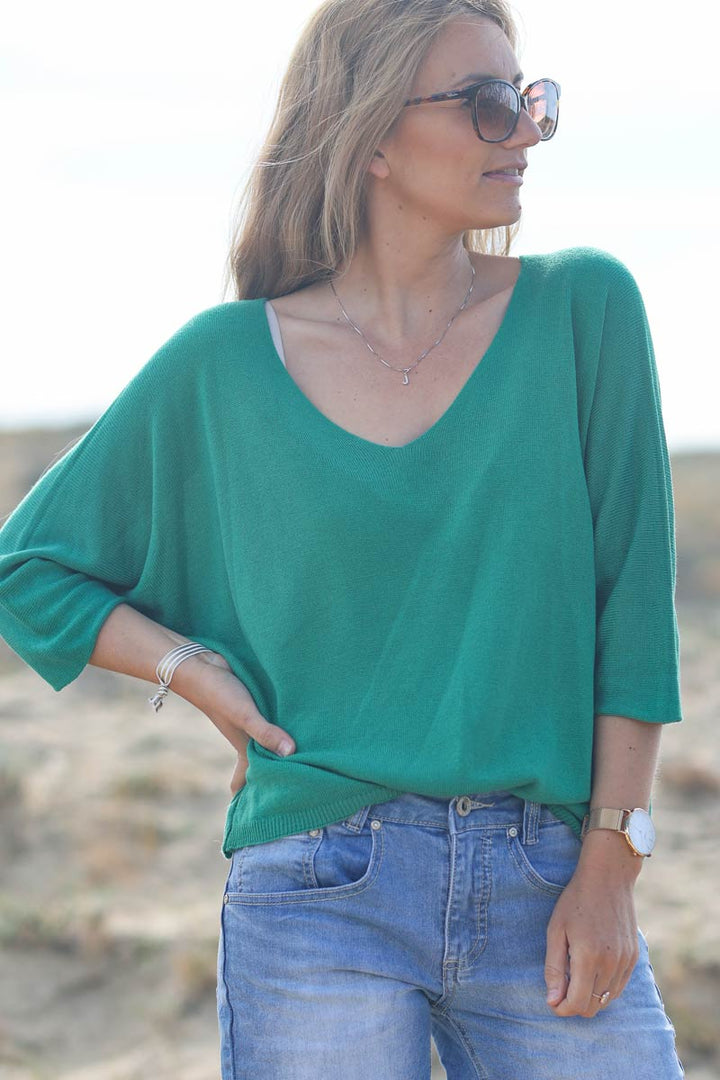 Top vert jersey manches chauve souris
